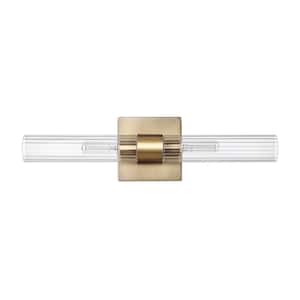 18 in. 2-Light Matte Brass Vanity Light with Ribbed Glass Shades