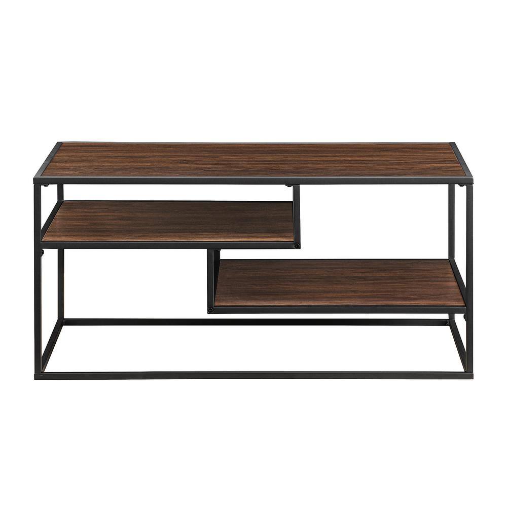 Modern 40 in. Dark Walnut/Black Rectangle Wood and Metal Coffee Table with 2-Shelves