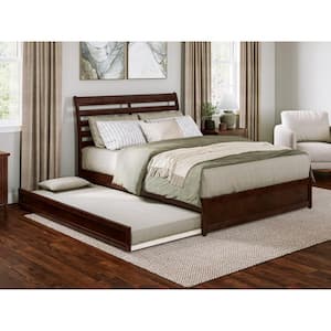 Emelie Walnut Brown Solid Wood Frame Queen Platform Bed with Panel Footboard and Twin XL Trundle