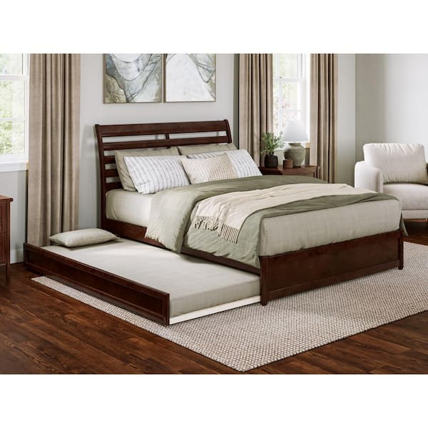 AFI Emelie Walnut Brown Solid Wood Frame Queen Platform Bed with Panel Footboard and Twin XL Trundle
