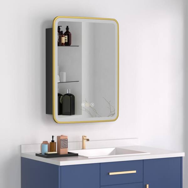 HBEZON Thalia 20 in. W x 28 in. H Rectangular Iron Small LED Defogging Medicine Cabinet with Mirror, Gold, Right Hinge