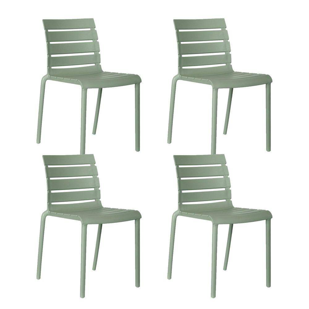 Four aloe green stackable plastic chairs arranged in a square.