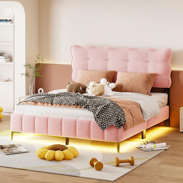 Harper & Bright Designs Pink Wood Frame Queen Size Velvet Platform Bed with Tufted Button Headboard, Metal Legs and LED
