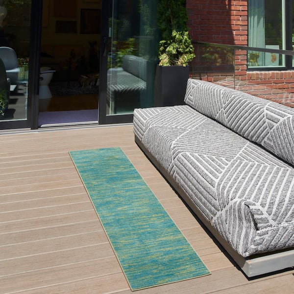 Essentials 2 ft. X 10 ft. Blue Green Kitchen Runner Solid Indoor/Outdoor Rug