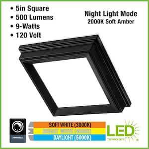 Low Profile 5 in. Matte Black Square LED Flush Mount with Night Light Feature J-Box Compatible Dimmable 500 Lumen (12PK)