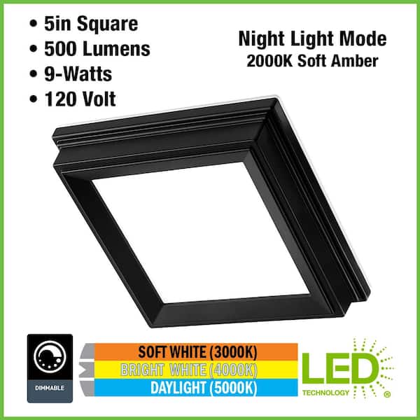 Low Profile 5 in. Matte Black Square LED Flush Mount with Night Light Feature J-Box Compatible Dimmable 500 Lumens