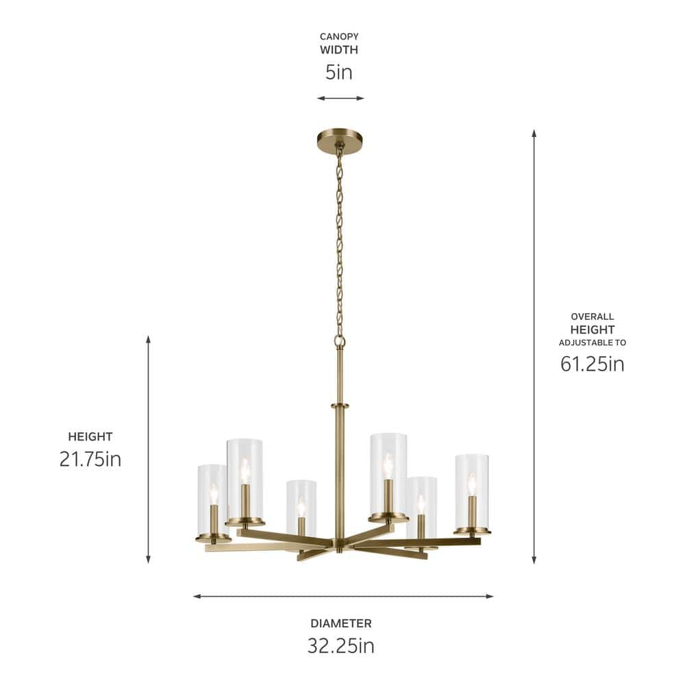 Natural Brass 6-Light Chandelier with Clear Glass Shades
