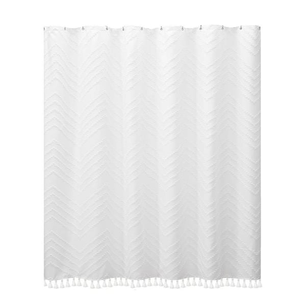 Unbranded Boho Shower Curtain 72 x 72 Woven with Tassels Modern Farmhouse Textured Tufted Chevron Minimalist Fabric in White