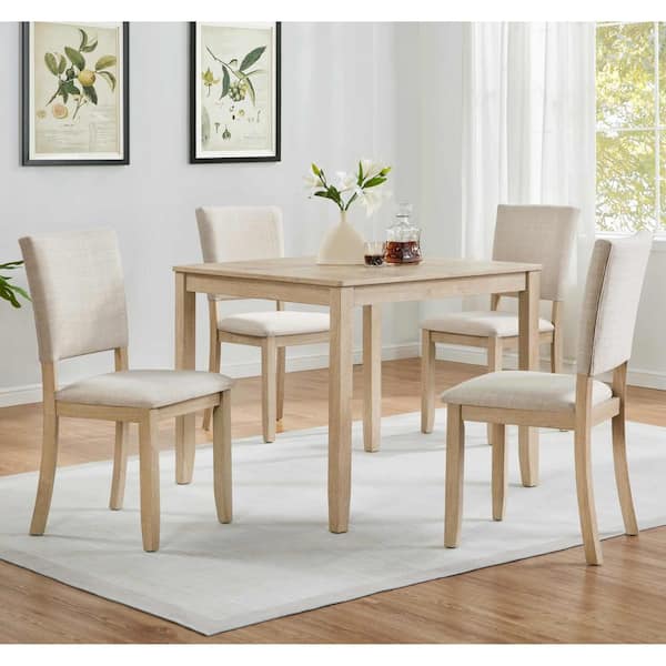 5-Piece Square Beige/Light Oak Wood Top Dining Room Set Seats 4
