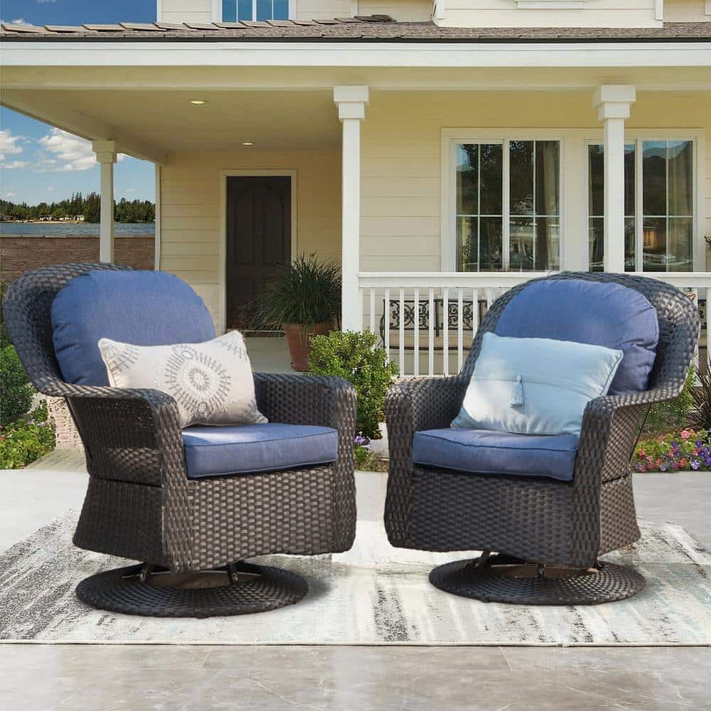 PE Wicker Outdoor Patio Swivel Chair with Removable Blue Seat Cushion - Ide