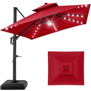 10 ft. Solar LED 2-Tier Square Cantilever Patio Umbrella with Base Included in Red