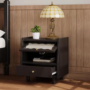 Black Exquisite Elegance 1-Drawer Wood Nightstand with Rattan-Woven Flip-Top Storage Cabinet