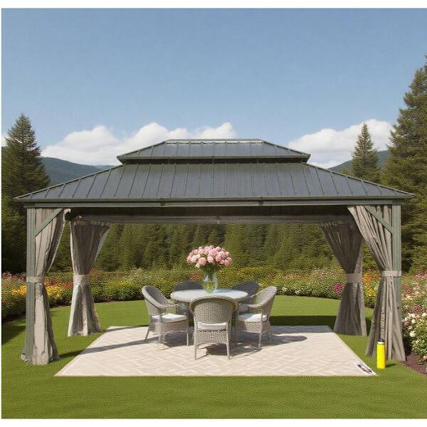 Benja 16 ft. x 12 ft. Aluminum Hardtop Gazebo in Gray with Double Galvanized Steel Roofs and Mosquito Net