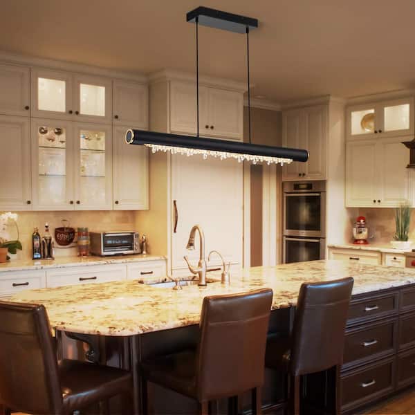 GoYeel 15-Watt 1-Light Modern Black Linear Crystal LED Pendant Light Farmhouse Wood Kitchen Island Light