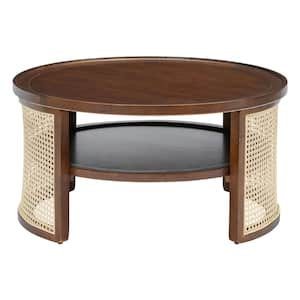 31.3 in. Walnut Double Tiered Round Wood Coffee Table with Storage Rattan Base