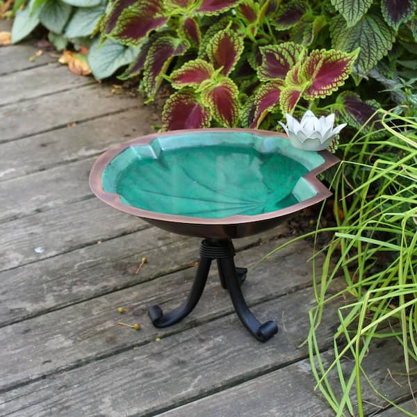 Lilypad Green Birdbath w/White Flowers and Tripod Stand, 10.25 in. Tall, Antique Copper Plated