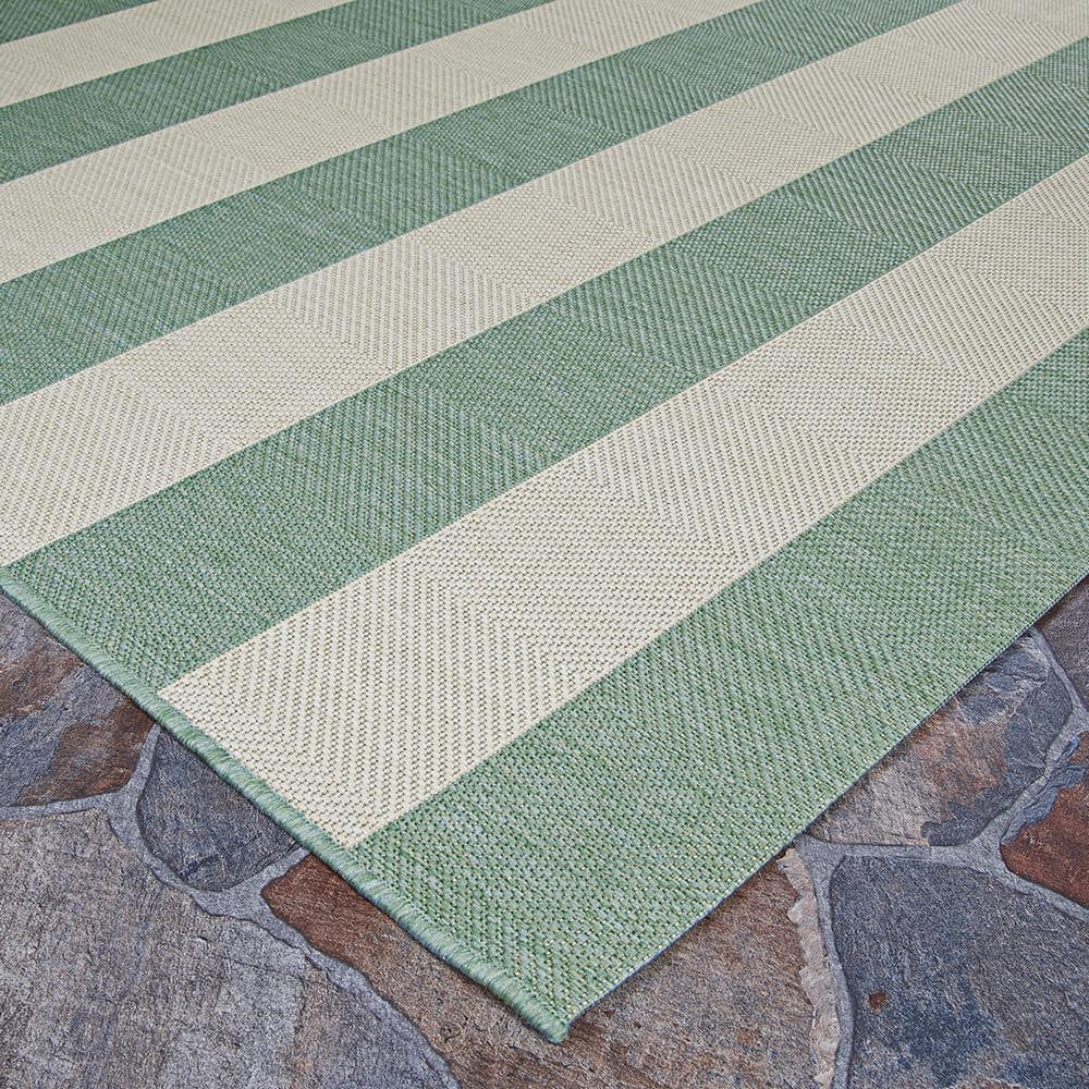 Sea Mist and Ivory Stripe Synthetic 5'3" x 7'6" Outdoor Rug