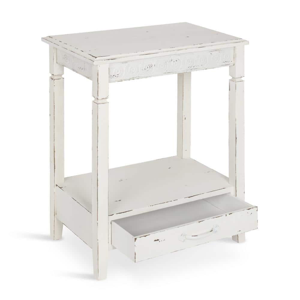 Cottage Charm White Wood Side Table with Storage, 29.91x19.35 in