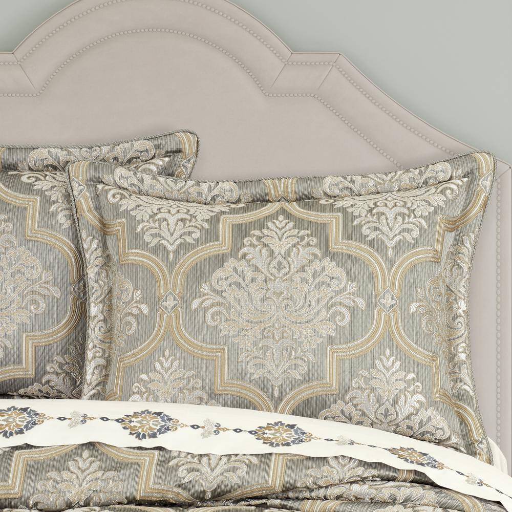 Ivory and Sage Queen Reversible Comforter Set with Damask Pattern