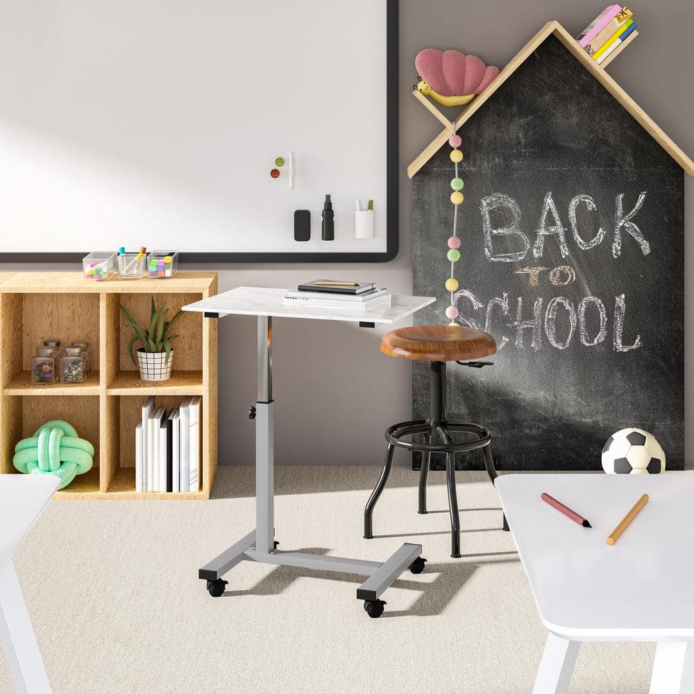 Adjustable Marble and Silver Mobile Side Table Cart