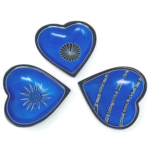 Small Soapstone Heart Bowls with Designs (Set of 3), Dark Blue