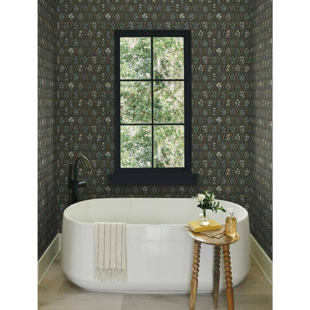 Hawthorne Vintage Floral Grid 27' x 27" Black/Cream Wallpaper