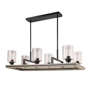 Charleston 6-Light Black and Faux Wood Chandelier with Clear Glass Shades