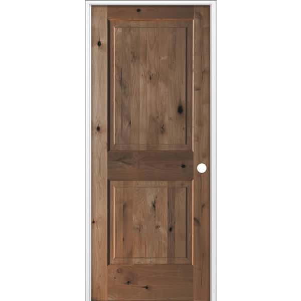32 in. x 80 in. Rustic Knotty Alder 2-Panel Square Top Left-Hand Single BEHR True Black Stain Wood Prehung Interior Door