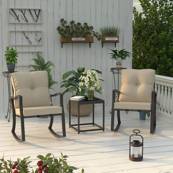 Halmuz 3-Piece Mental Rocking Patio Conversation Set with Cushion Sand