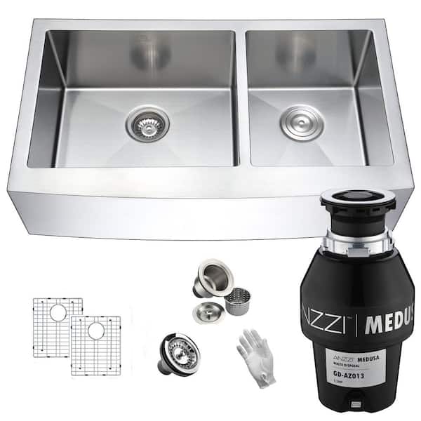 ANZZI Elysian Farmhouse Stainless Steel 33 in. 60/40 Double Bowl Kitchen Sink with Medusa Series 1/3 HP Garbage Disposal