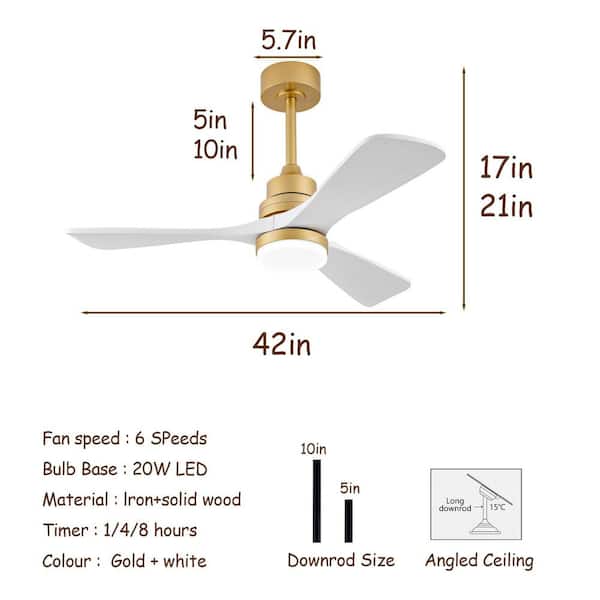 42 in. Indoor Gold Downrod Mount Ceiling Fan with Light, Dimmable White Blades Fan for Bedroom Living Room Office