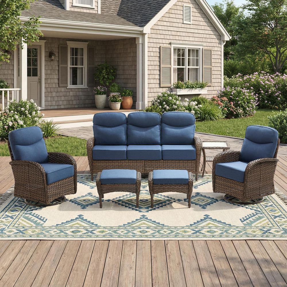 Moonridge 6-Piece Brown Wicker Patio Conversation Set with 6 in. Olefin Blue Cushions/Patio Swivel Chairs with Sofa price history on PriceWatchPro