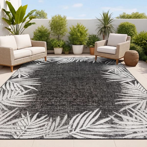 Isla Coastal Cottage Palm Frond Border Dark Gray/Ivory 8 ft. x 10 ft. Indoor/Outdoor Area Rug