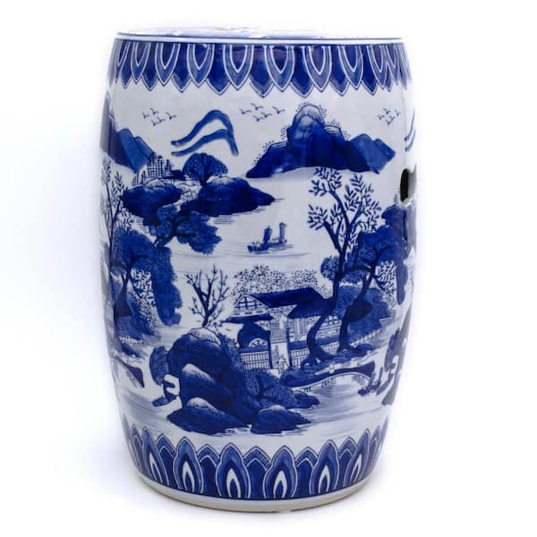 Blue Garden Landscape Ceramic Drum Stool