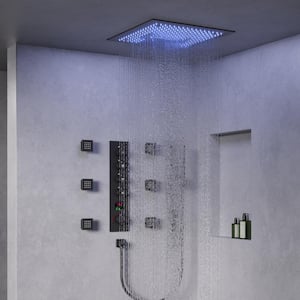 RGB LED And Temp with Valve 15-Spray Ceiling Mount 16 in. Fixed and Handheld Shower Head 2.5 GPM in Matte Black