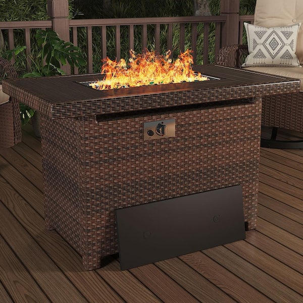44 in. 50,000 BTU Rectangular Brown Wicker Outdoor Fire Pit Table with Rain Cover Propane Gas