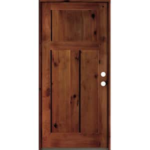 36 in. x 80 in. Rustic Knotty Alder 3 Panel Left Hand Red Chestnut Stain Wood Prehung Front Door