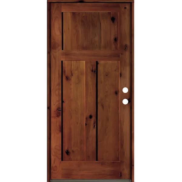Krosswood Doors 36 in. x 80 in. Rustic Knotty Alder 3 Panel Left Hand Red Chestnut Stain Wood Prehung Front Door