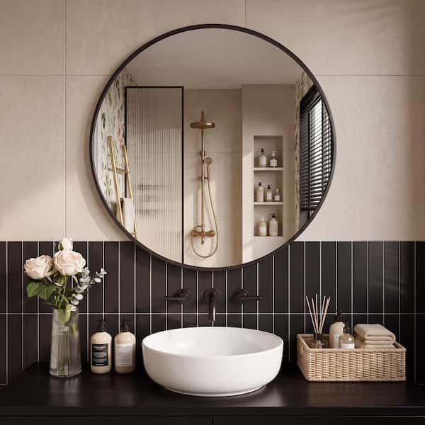 30 in. W x 30 in. H Black Vanity Round Wall Mirror Aluminium Alloy Frame Bathroom Mirror