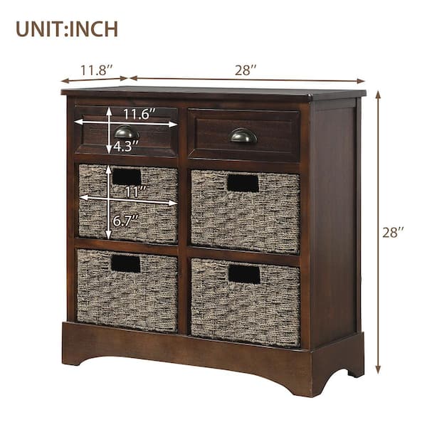 Urtr Rustic Espresso Wooden Storage Cabinet Console Table With 2 Drawers And 4 Rattan Basket For Dining Room Entryway T 00873 B The