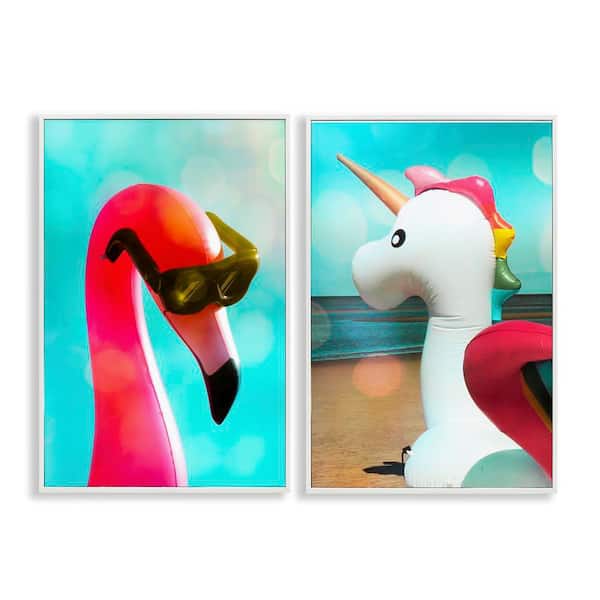 Unicorn and Flamingo Basking by Graffi*tee Studios 2 Pieces White Framed Coastal Giclee Art Print 24 in. x 16 in.