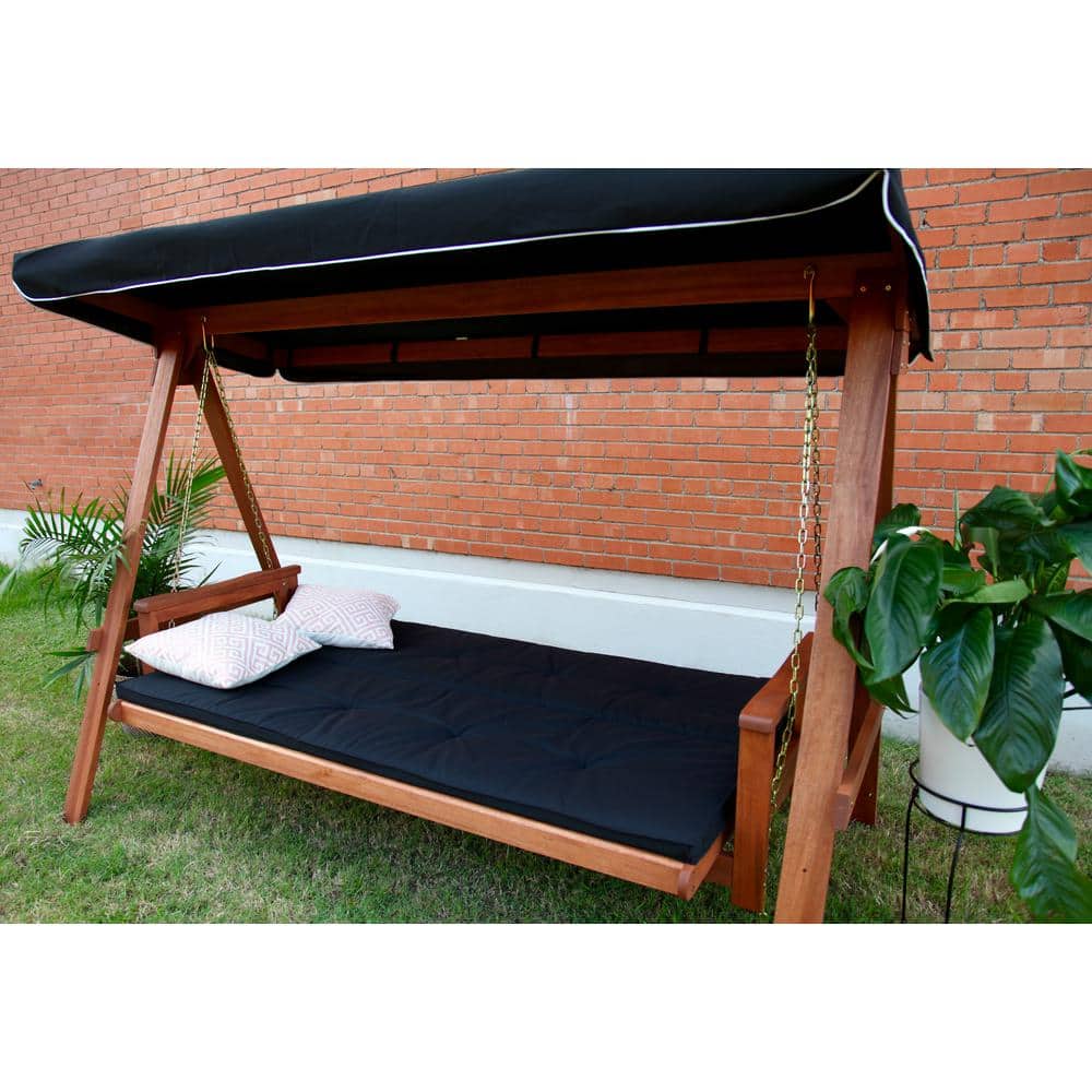 Avoca Natural Shorea Wood 3-Seat Swing Daybed with Black Canopy