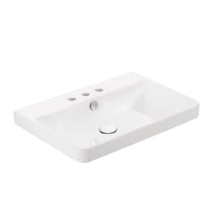 Luxury 60 WG Wall Mount or Drop-In Rectangular Bathroom Sink in Glossy White with 3 Faucet Holes