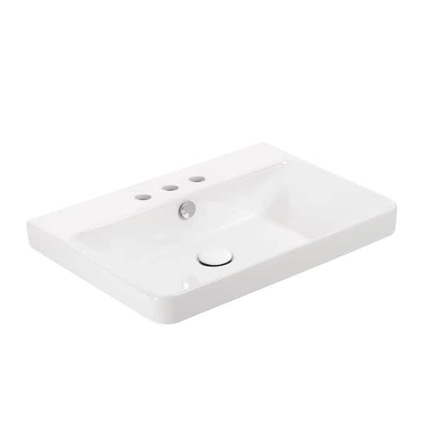 WS Bath Collections Luxury 60 WG Wall Mount or Drop-In Rectangular Bathroom Sink in Glossy White with 3 Faucet Holes