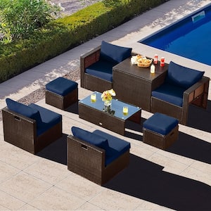 8-Piece Patio Rattan PE Wicker Conversation Set All-Weather Furniture Set with Cushions Navy