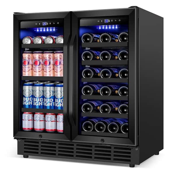 30.31 in. Dual Zone 29-Wine Bottles and 110-Cans Beverage and Wine Cooler Frost Free, Tempered Glass Door in Black