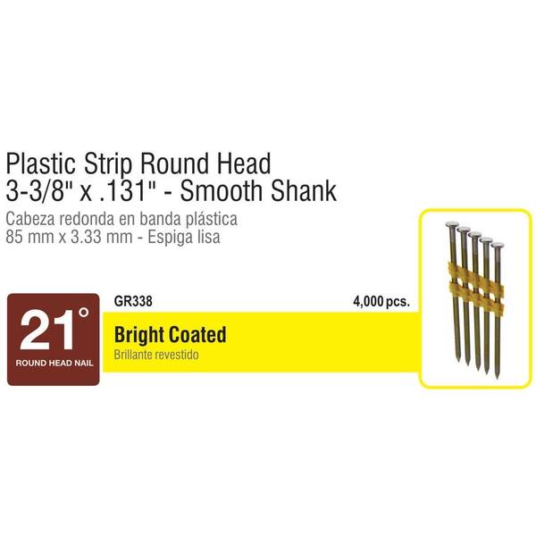 GripRite 33/8 in. x 0.131 in. Plastic Collated Bright Coated Round Head Smooth Shank Nails
