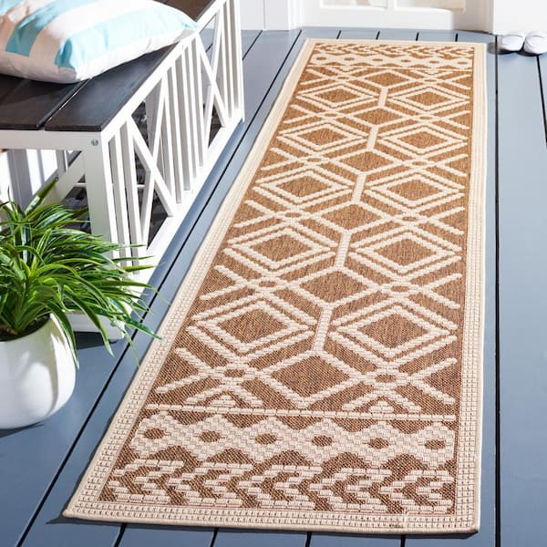 Martha Stewart Camel/Beige 2 ft. x 9 ft. Runner Diamond Trellis Indoor/Outdoor Area Rug