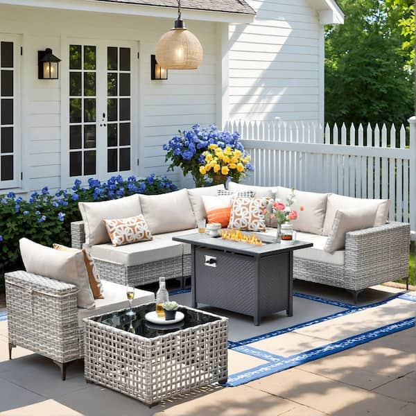 XIZZI Amity 8 Pieces Wicker Patio Conversation Seating Sofa and Rectangular Fire Pit Set with Beige Cushions