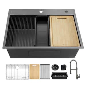 30 in. Gunmetal Black Stainless Steel Single Bowl Dual Mount Workstation Kitchen Sink with Black Spring Neck Faucet